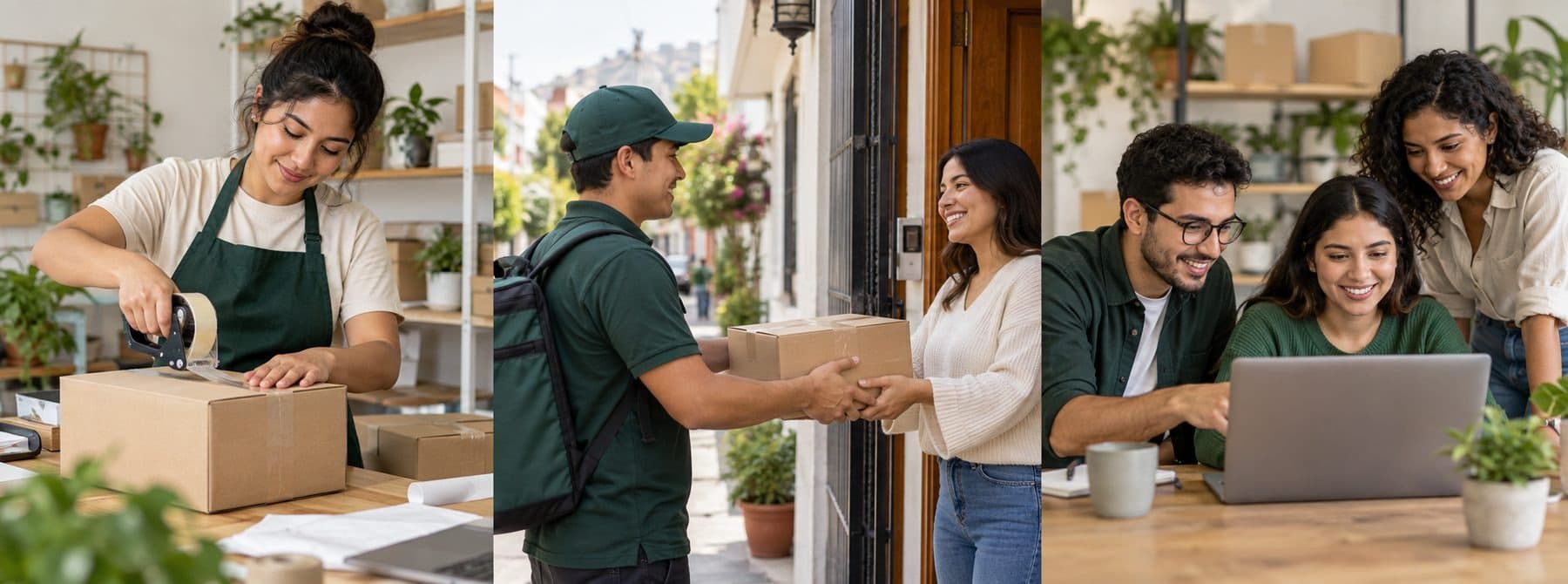 Personas ficticias emprendiendo, entregando un pedido y coordinando una tienda